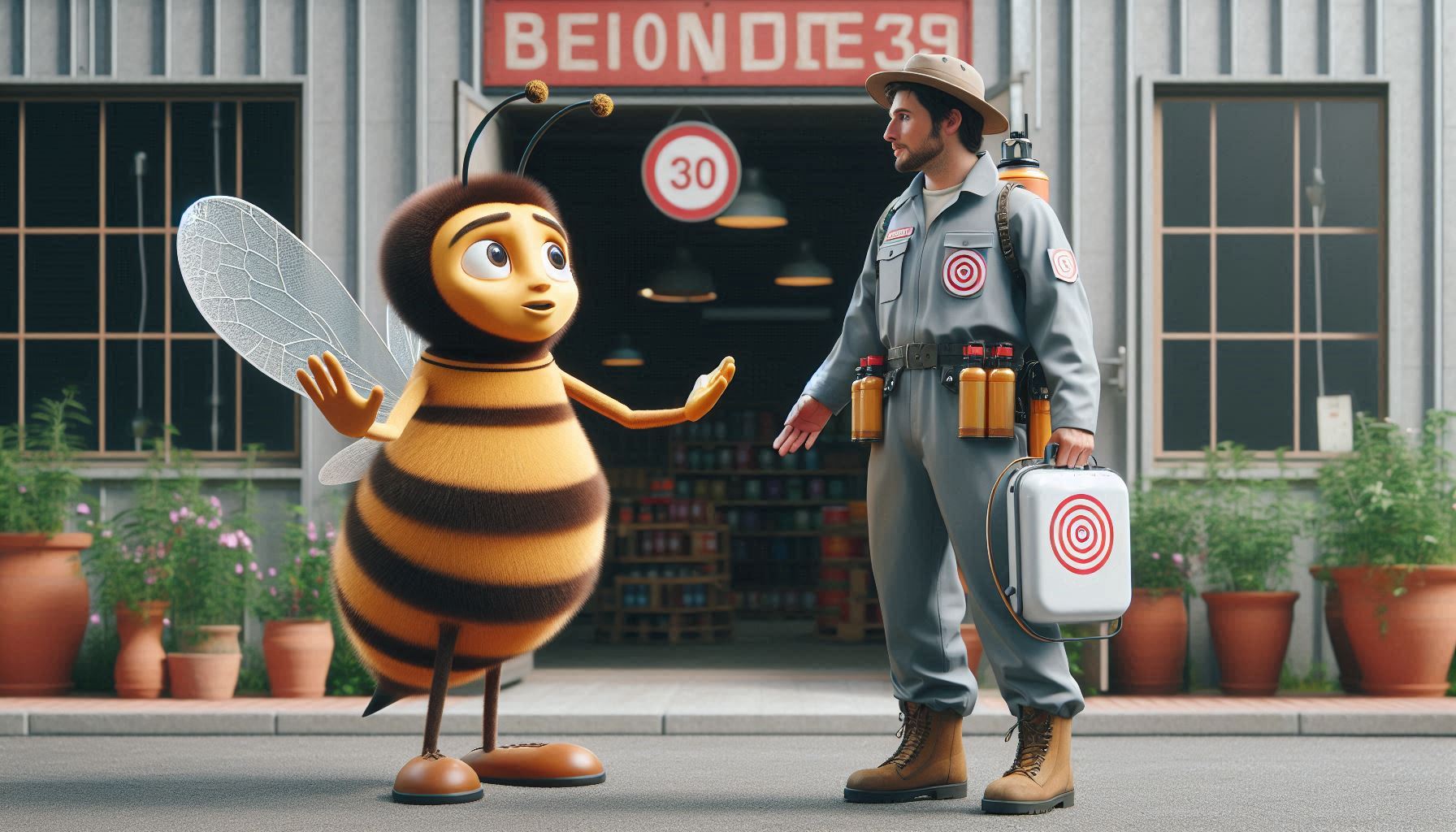 abelha assustada abordada por um controlador de pragas